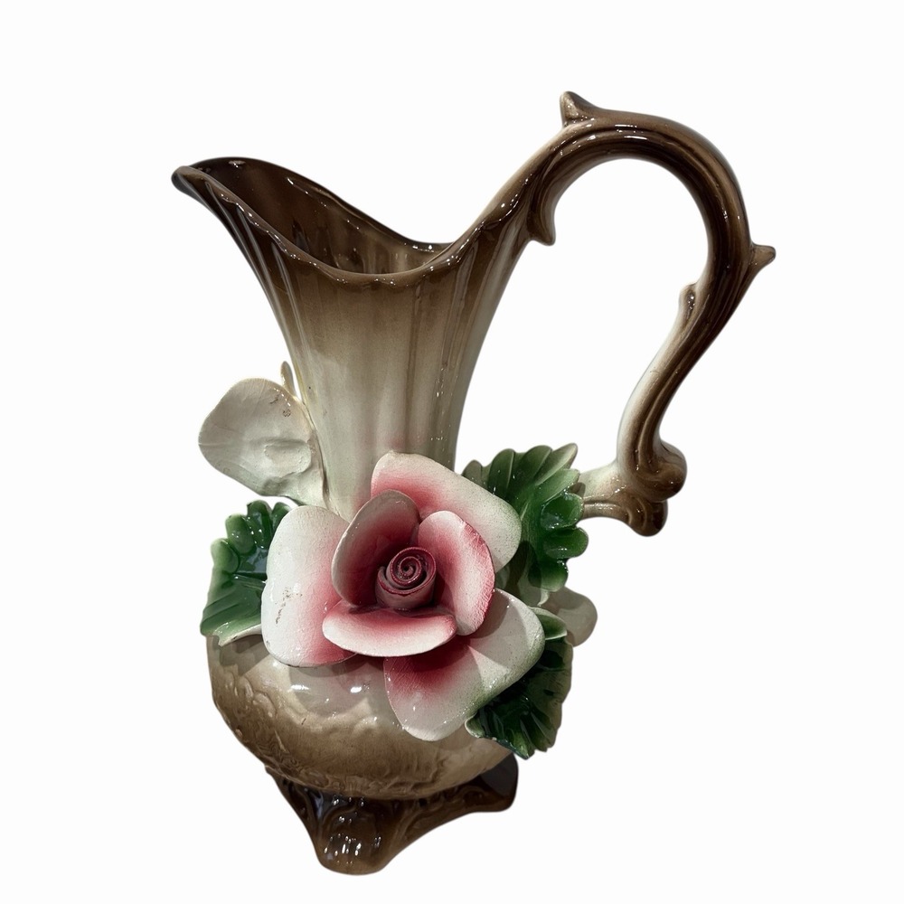 Vintage Nuova Capodimonte I.I.E. Exclusive Rose‎ Floral Pitcher 10" Tall Shiny